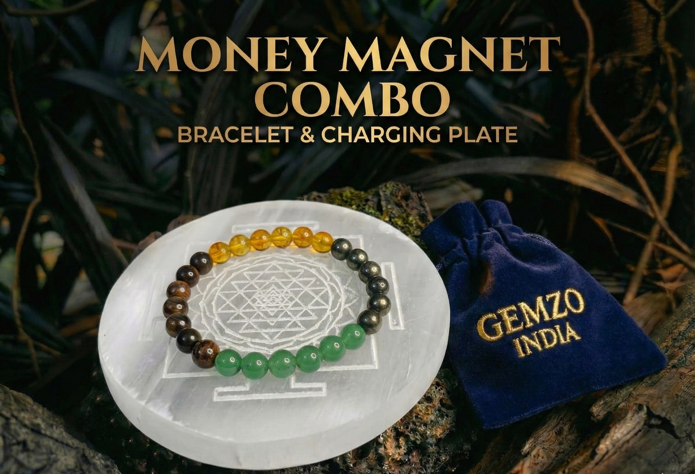 Money Magnet Bracelet + Selenite Charging Plate – Wealth Activation Combo (Gemzo India)
