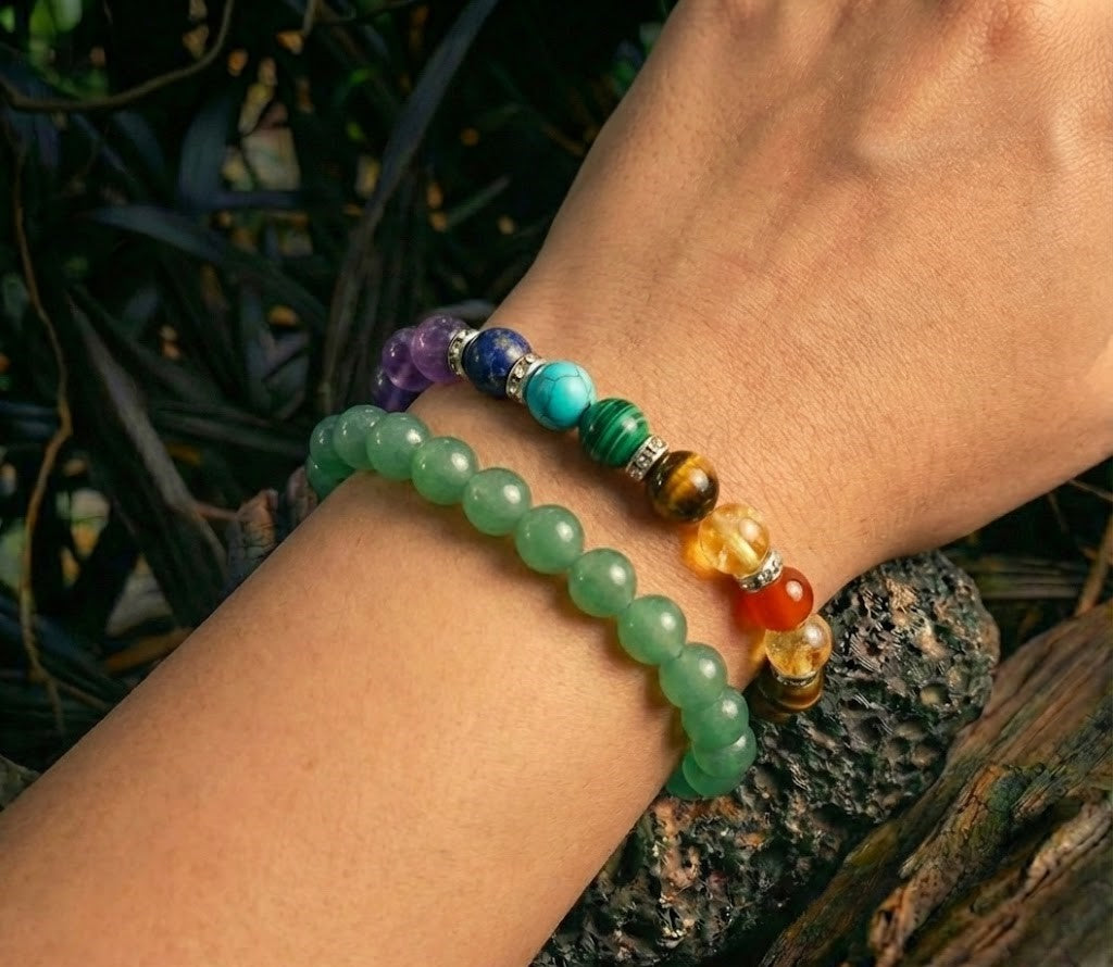 7 Chakra Bracelet + Green Aventurine Bracelet – Energy & Luck Booster Combo (Gemzo India)
